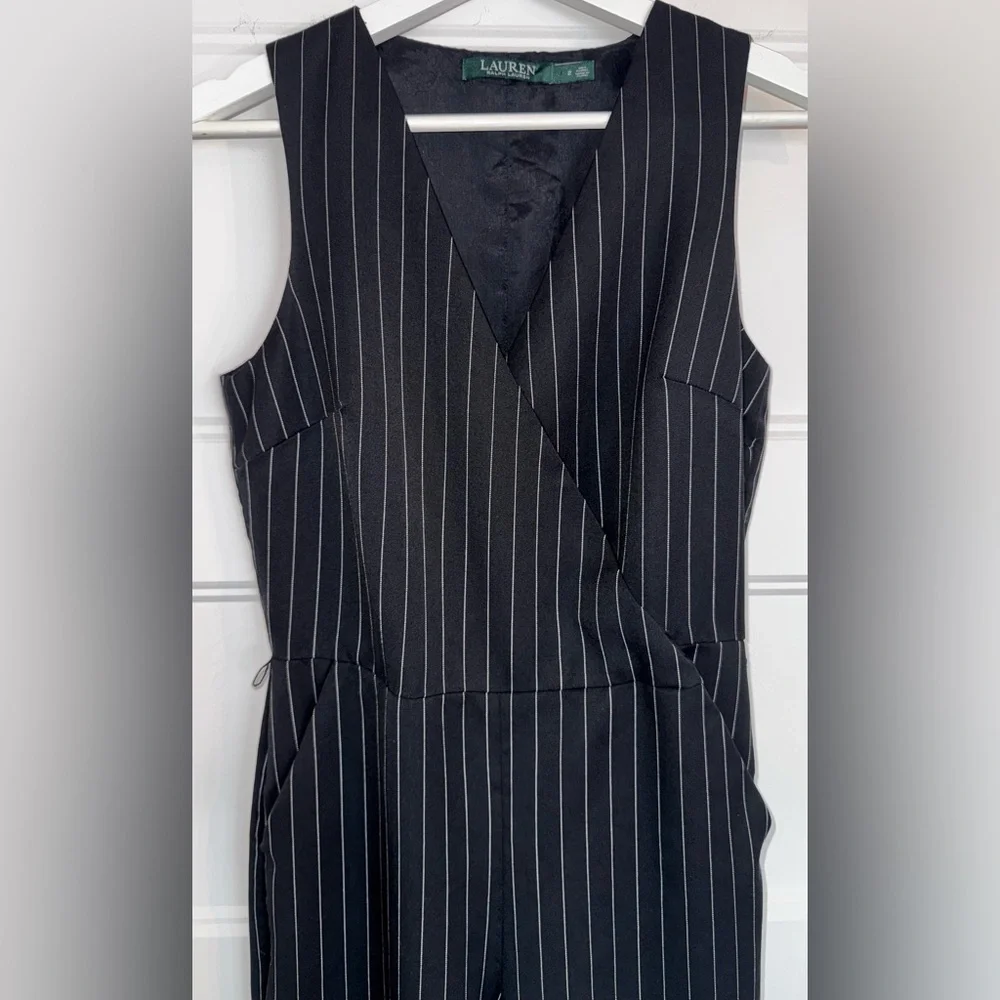 Lauren Ralph Lauren Black/White Pinstripe Wide Leg Jumpsuit Sleeveless V-Neck 2 - Picture 2 of 12